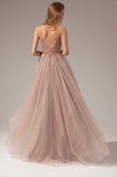 Load image into Gallery viewer, Tulle Spaghetti Straps Grey Blue Long Formal Dress with Slit