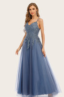 Load image into Gallery viewer, Dusty Blue Long Prom Dress with Lace