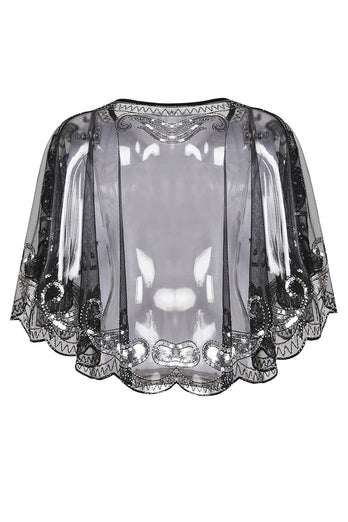Black Sequin 1920s Batwing Shawl