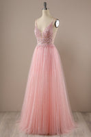 Load image into Gallery viewer, Sparkly Spaghetti Straps Pink Long Formal Dress with Beading