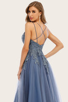 Load image into Gallery viewer, Dusty Blue Long Prom Dress with Lace