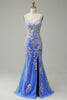 Load image into Gallery viewer, Glitter Blue Mermaid Lace Long Formal Dress with Slit
