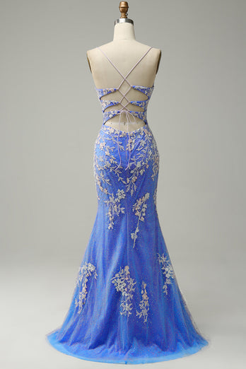 Glitter Blue Mermaid Lace Long Formal Dress with Slit