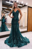 Load image into Gallery viewer, Sparkly Dark Green Mermaid Sequin Long Formal Dress