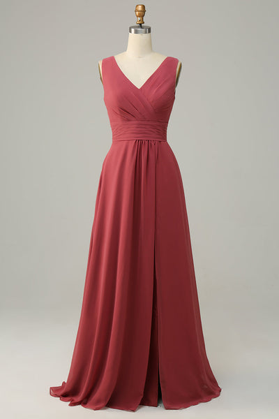 V Neck Desert Rose Sleeveless Chiffon Long Bridesmaid Dress