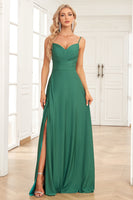 Load image into Gallery viewer, Spaghetti Straps Dark Green Long Formal Dress with Slit