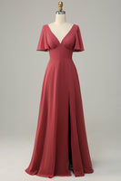 Load image into Gallery viewer, V Neck Short Sleeves Open Back Bridesmaid Dress