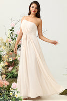 Load image into Gallery viewer, One Shoulder Sleeveless Champagne Long Bridesmaid Dress