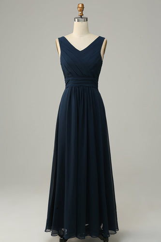 Navy V Neck Sleeveless A Line Long Bridesmaid Dress