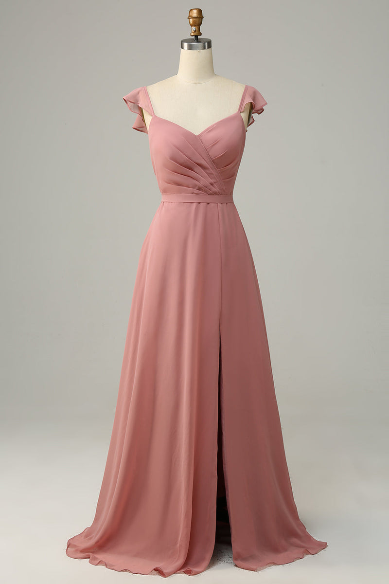 Load image into Gallery viewer, Dusty Rose A Line Ruffles Long Bridesmaid Dress With Slit