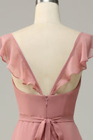 Load image into Gallery viewer, Dusty Rose A Line Ruffles Long Bridesmaid Dress With Slit