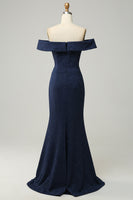Load image into Gallery viewer, Navy Off The Shoulder Sparkly Sheath Long Bridesmaid Dress