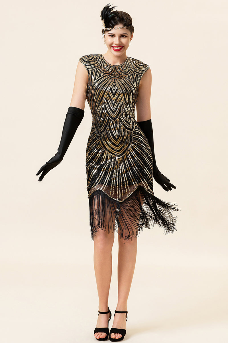 Load image into Gallery viewer, Gold Gatsby Glitter Fringe 1920s Dress