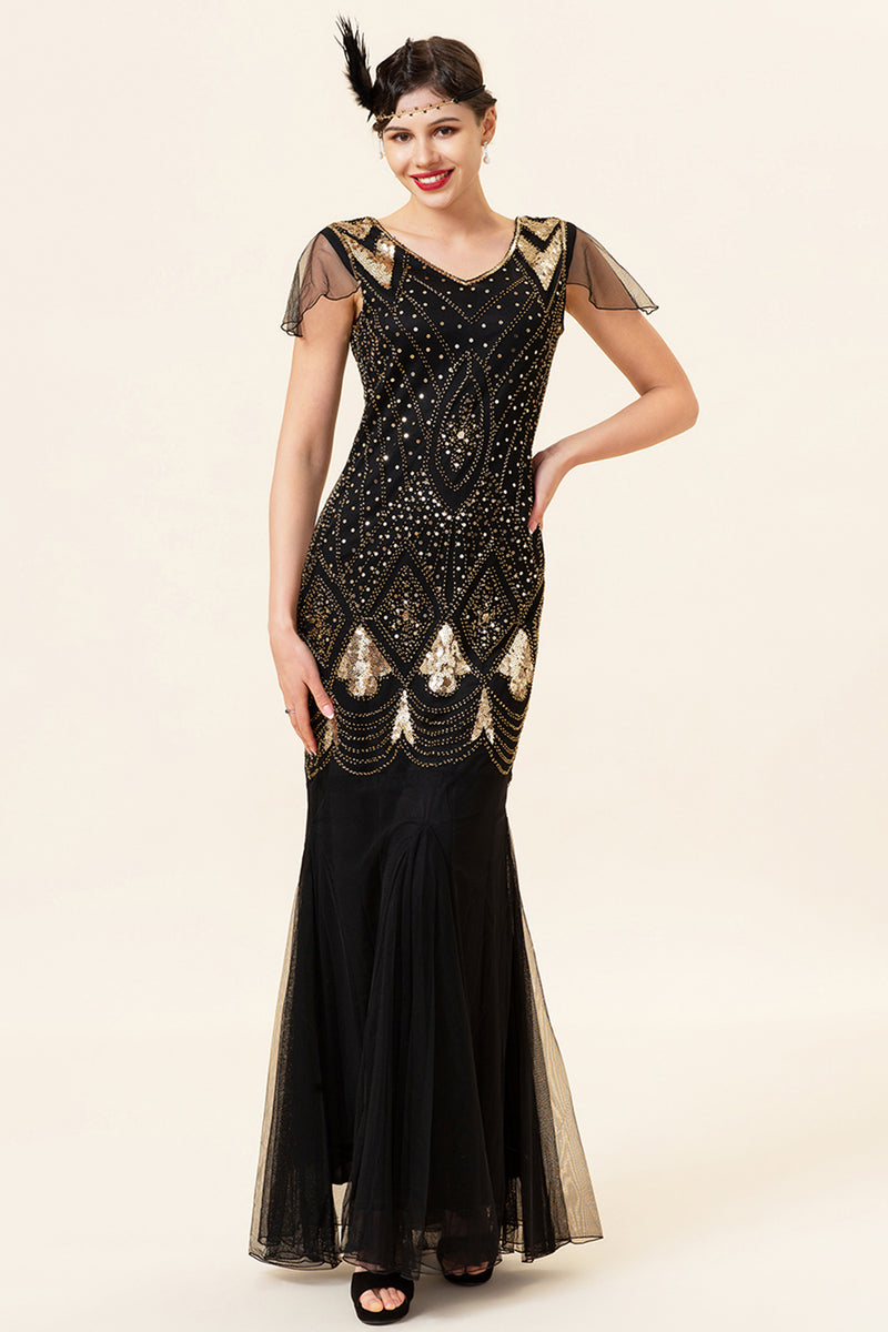 Load image into Gallery viewer, Black and Gold Long Sequin 1920s Dress