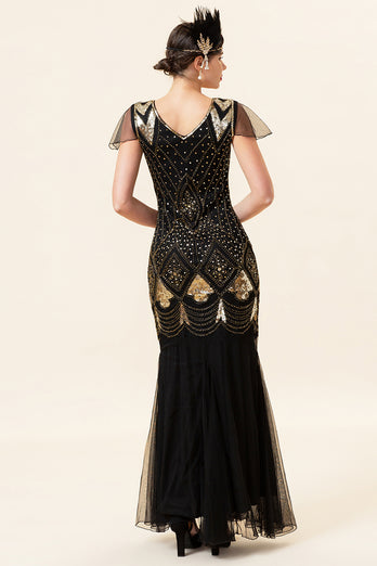 Black and Green Long Sequin 1920s Dress