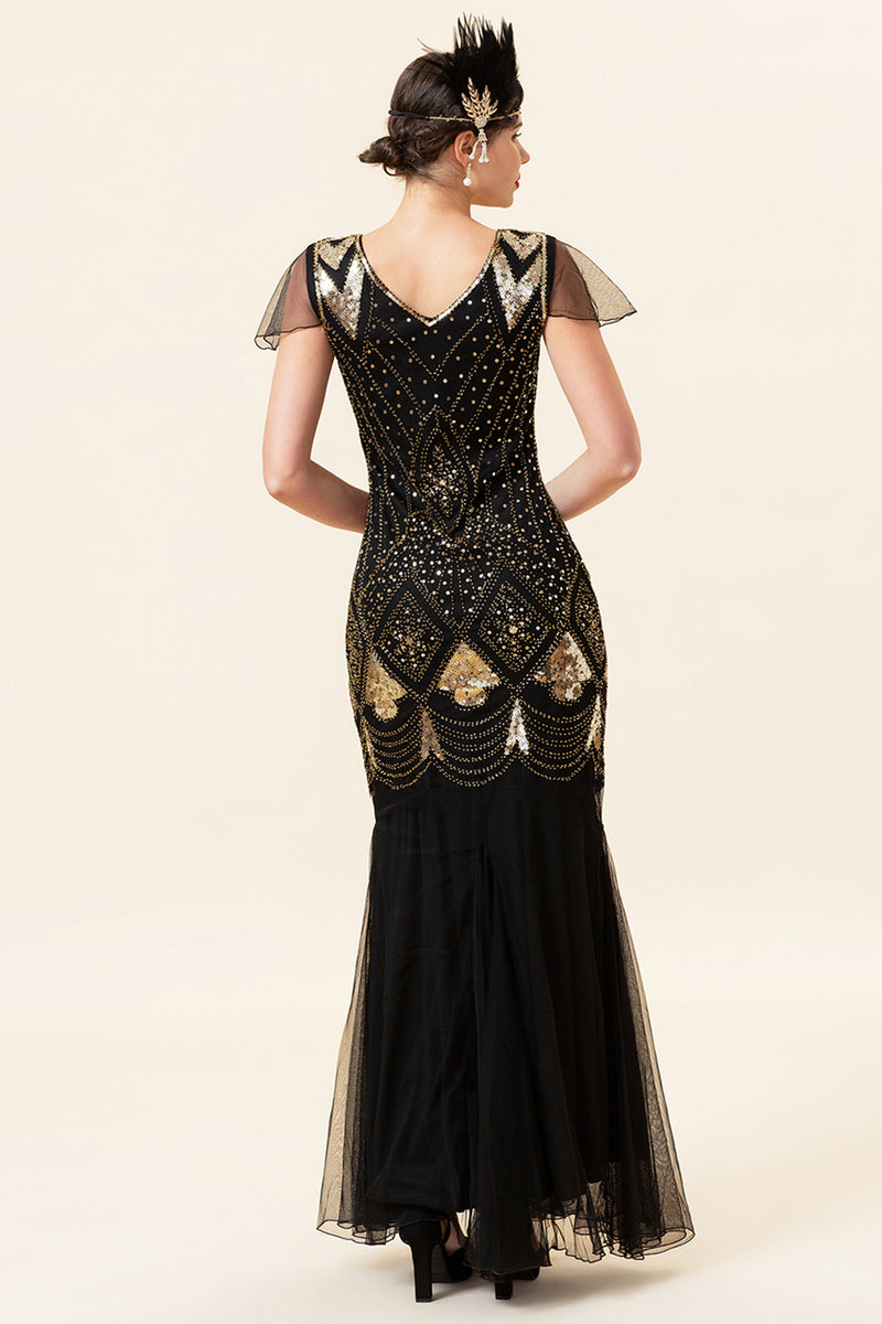 Load image into Gallery viewer, Black and Green Long Sequin 1920s Dress