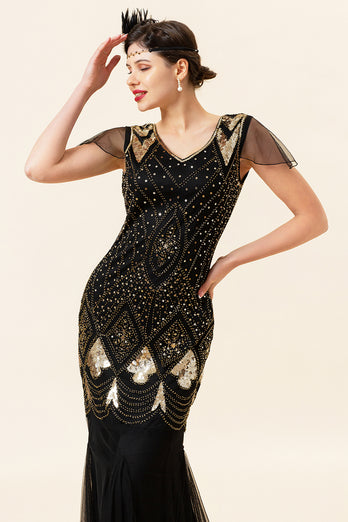 Black and Gold Long Sequin 1920s Dress