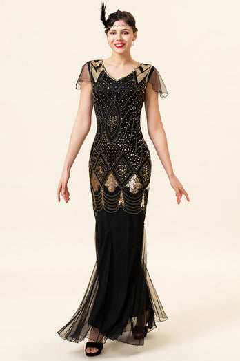 Black and Gold Long Sequin 1920s Dress