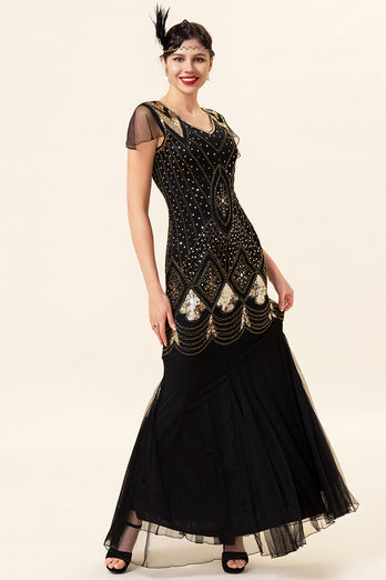 Black and Gold Long Sequin 1920s Dress