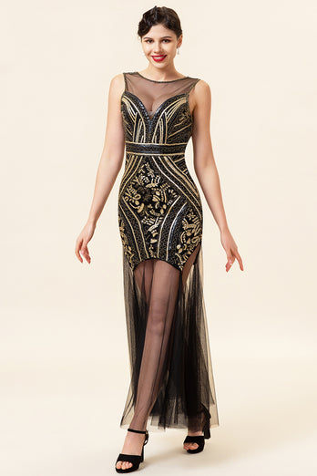 Black and Gold Long Tulle Sequin 1920s Dress