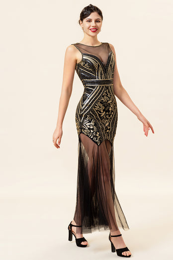 Black and Gold Long Tulle Sequin 1920s Dress