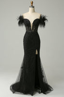 Load image into Gallery viewer, Black Mermaid Lace Long Formal Dress with Feathers