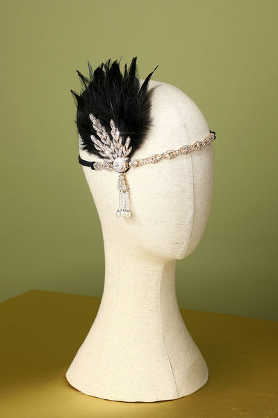 Black Beaded Feather Pearl 1920s Flapper Headband