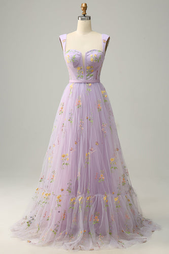 A-Line Purple Long Formal Dress with Embroidery
