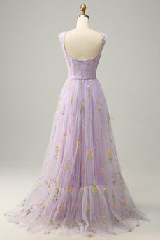 A-Line Purple Long Formal Dress with Embroidery