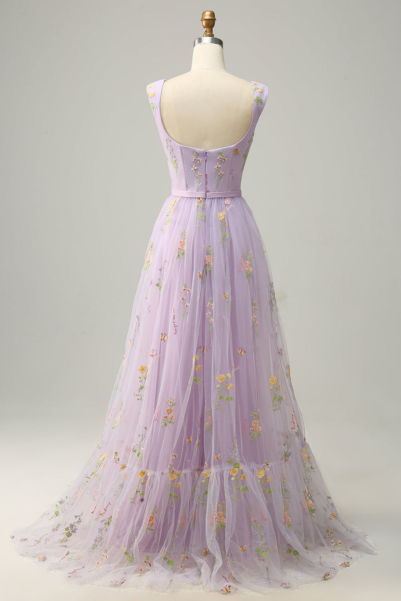 Load image into Gallery viewer, A-Line Purple Long Formal Dress with Embroidery