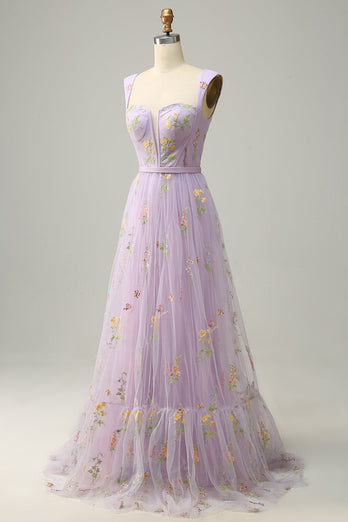 A-Line Purple Long Formal Dress with Embroidery