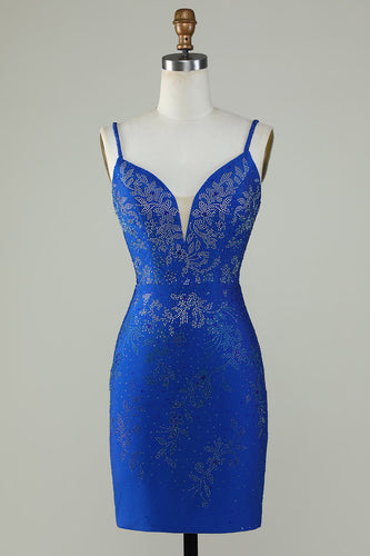 Royal Blue Beaded Spaghetti Straps Bodycon Short Formal Dress