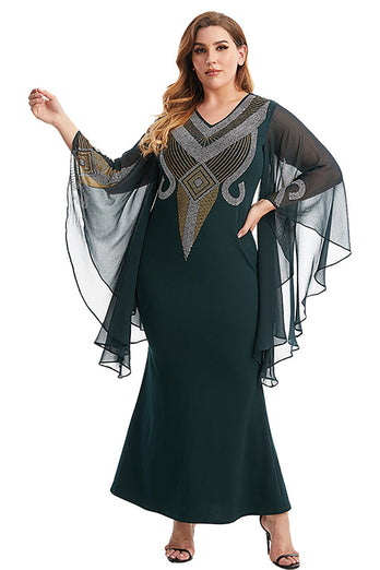 Plus Size Dark Green Batwing Sleeves Mother Of The Bride Dress