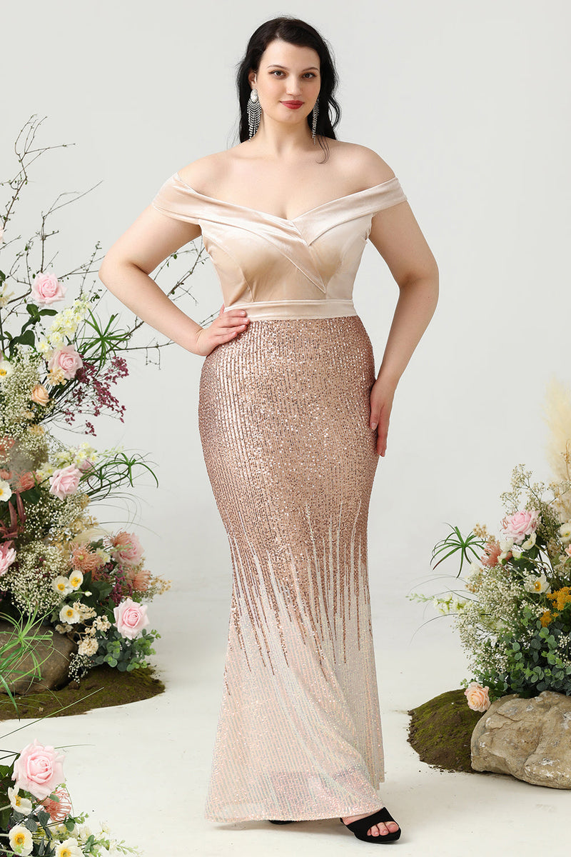 Load image into Gallery viewer, Mermaid Off the Shoulder Champagne Plus Size Formal Dress with Sequins