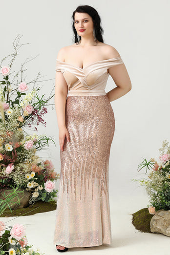 Mermaid Off the Shoulder Champagne Plus Size Formal Dress with Sequins