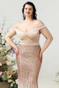 Load image into Gallery viewer, Mermaid Off the Shoulder Champagne Plus Size Formal Dress with Sequins