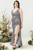 Load image into Gallery viewer, Sheath V Neck Silver Sequins Plus Size Formal Dress with Split Front