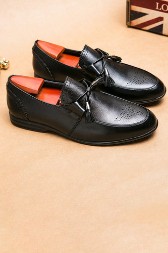 Black Leather Slip-On Fringe Men's Shoes