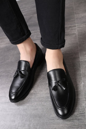 Black Leather Fringe Slip-On Men's Shoes