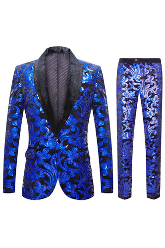 Royal Blue Sequins Men's 2 Pieces Suits