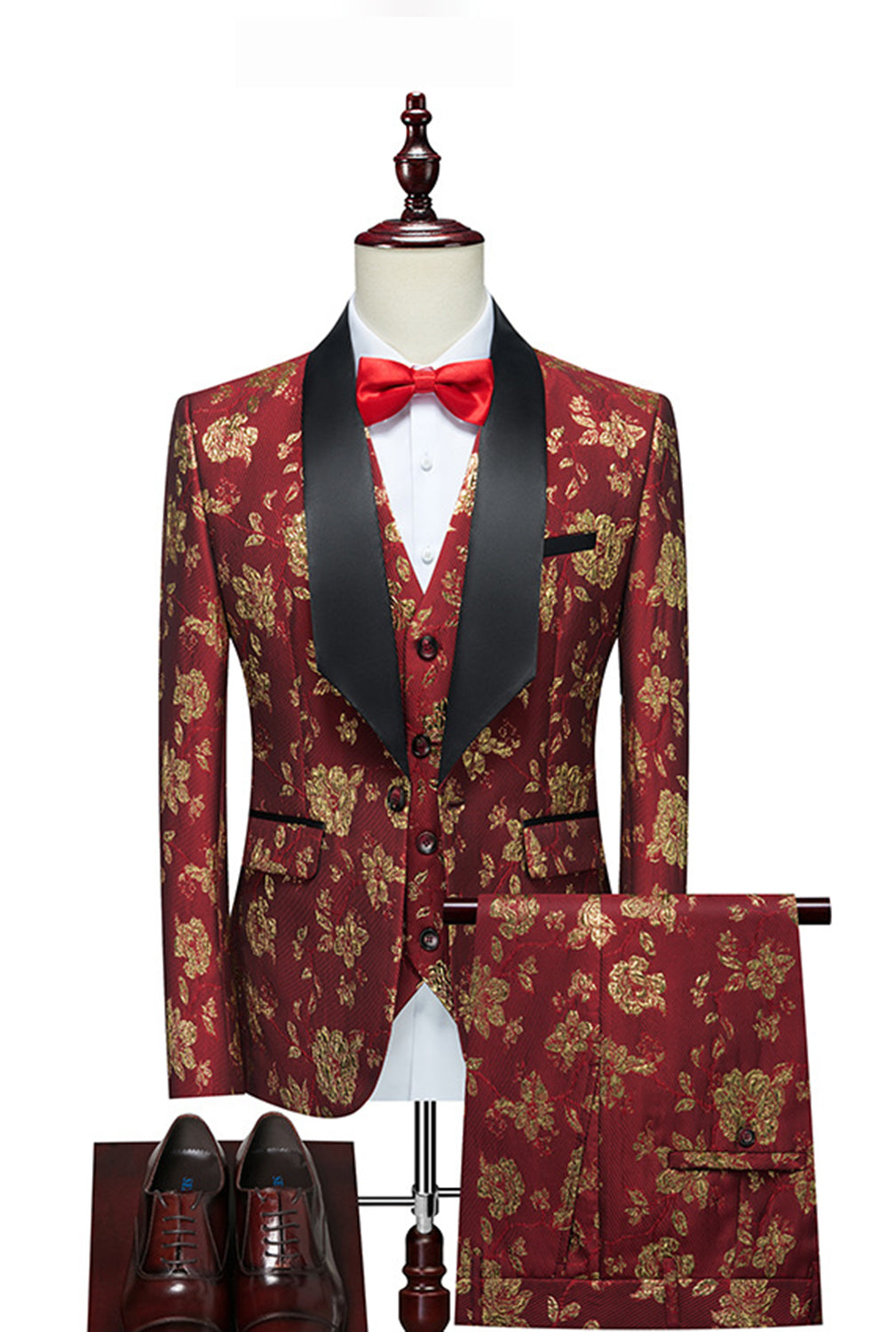 Red Jacquard Shawl Lapel 3 Pieces Men's Suits