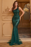Load image into Gallery viewer, One Shoulder Sparkly Mermaid Sequins Dark Green Long Formal Dress
