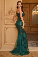 Load image into Gallery viewer, One Shoulder Sparkly Mermaid Sequins Dark Green Long Formal Dress