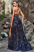 Load image into Gallery viewer, Deep V-Neck Sparkly Mermaid Sequins Navy Long Formal Dress with Slit