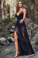 Load image into Gallery viewer, Deep V-Neck Sparkly Mermaid Sequins Navy Long Formal Dress with Slit