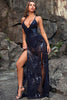 Load image into Gallery viewer, Deep V-Neck Sparkly Mermaid Sequins Navy Long Formal Dress with Slit