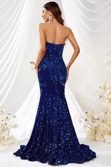 Strapless Sparkly Mermaid Sequins Royal Blue Long Formal Dress