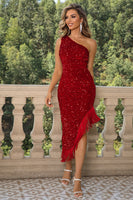 Load image into Gallery viewer, Black One Shoulder Sequin Cocktail Dress With Tassels