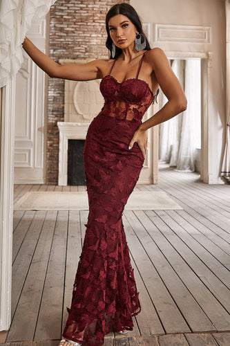 Mermaid Spaghetti Straps Burgundy Corset Formal Dress