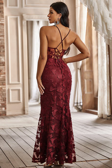 Mermaid Spaghetti Straps Burgundy Corset Formal Dress